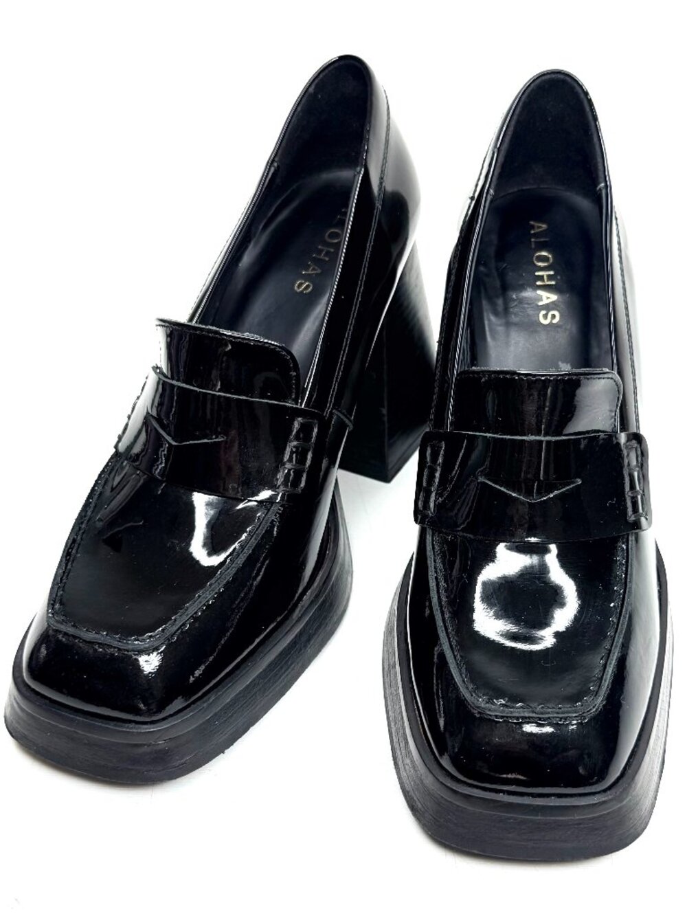 Alohas Take Off Patent Leather Square Toe Heeled Penny Loafers Womens 5 Black